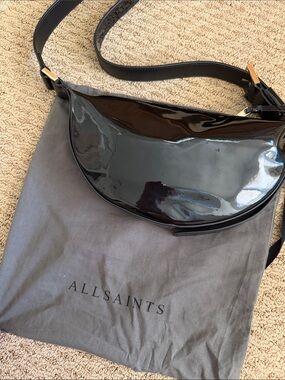AllSaints Black Patent Crescent Belt Bag with Gold Hardware